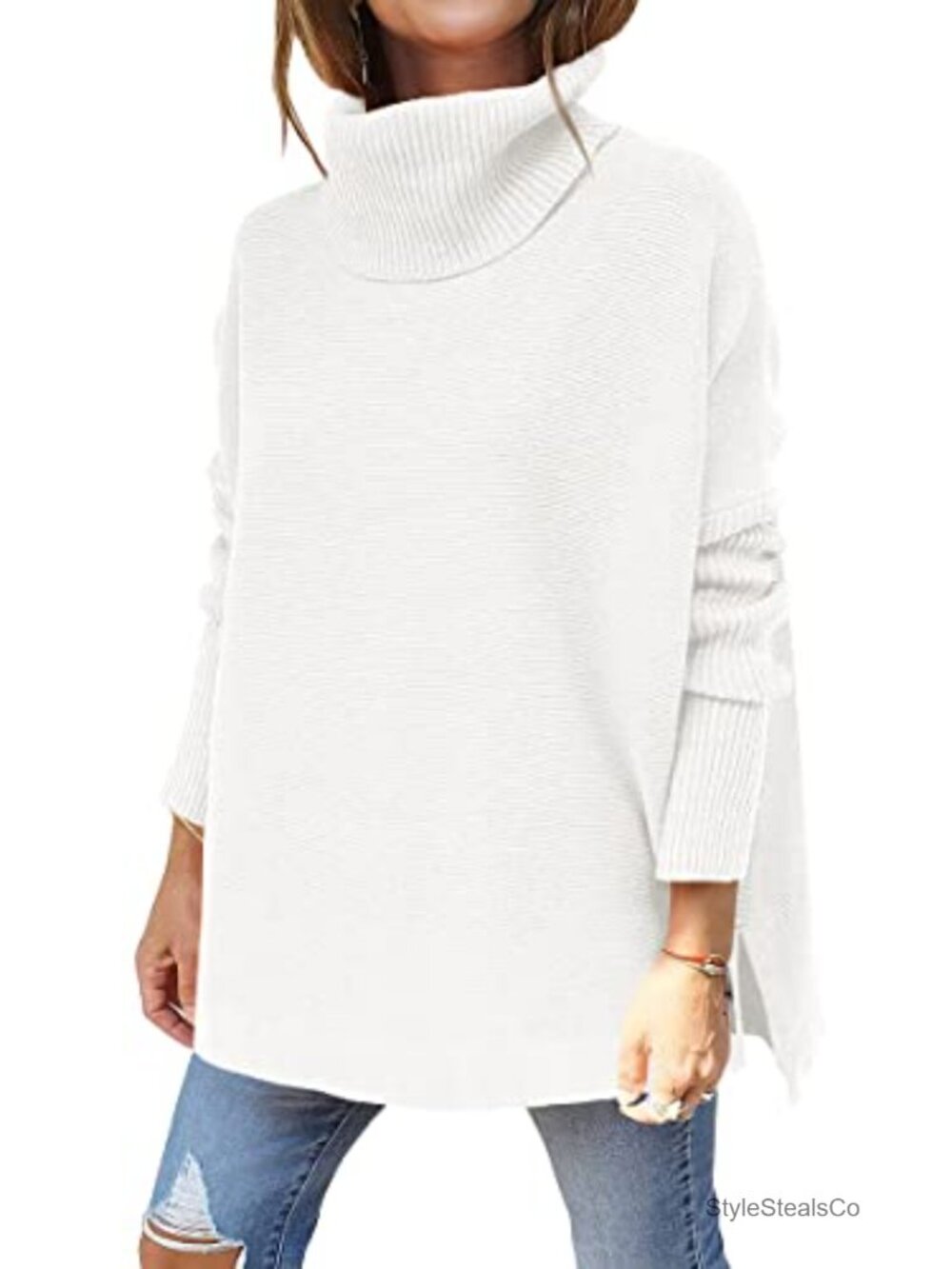 Oversized Turtleneck Sweater Batwing Sleeve High Low Hem Fall Winter